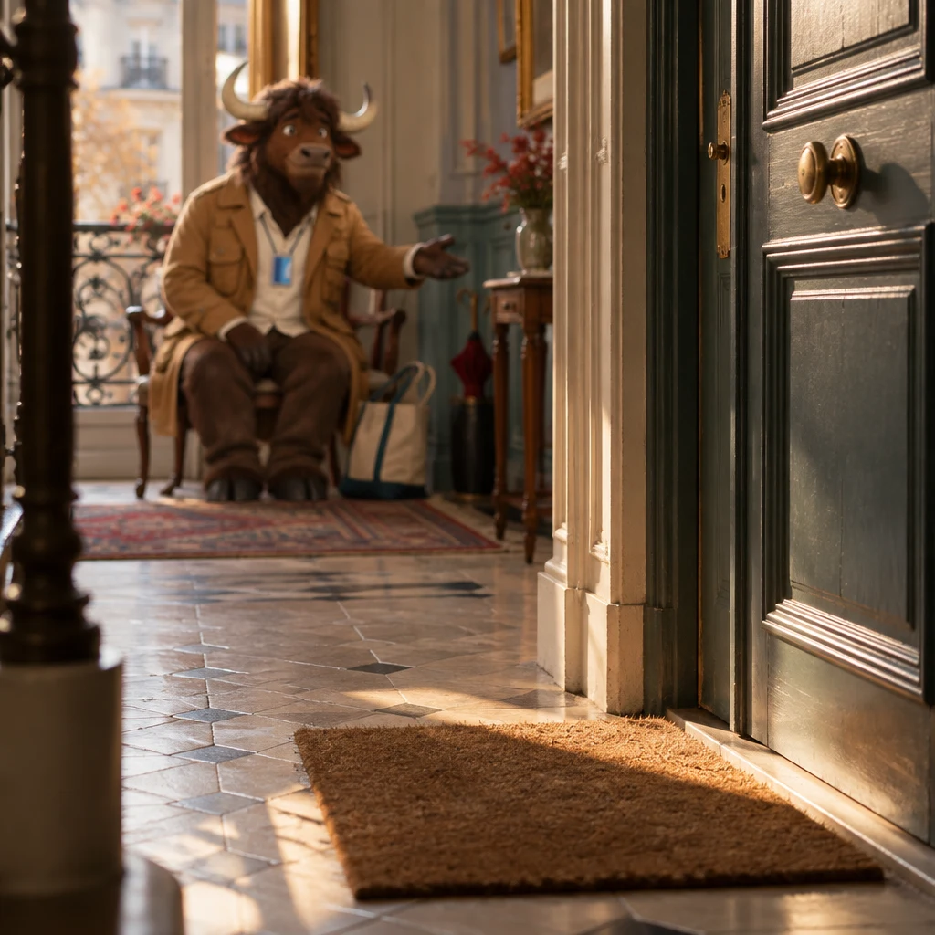 The closed apartment door and the floor in front of it, with Gaspard soft in the background reaching toward the door.