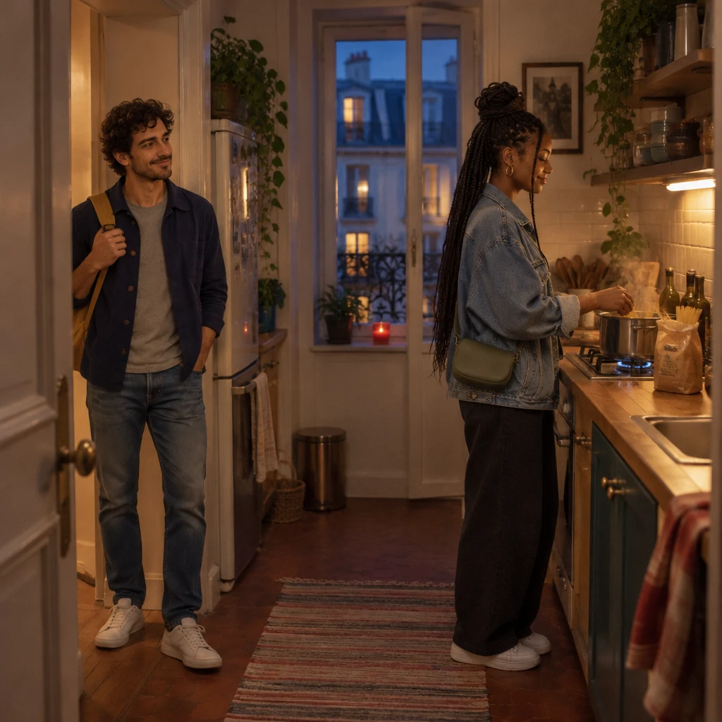 Sam arrives in the doorway of Inès’s small evening kitchen while she stands at the hob with a pot and a bag of pasta.
