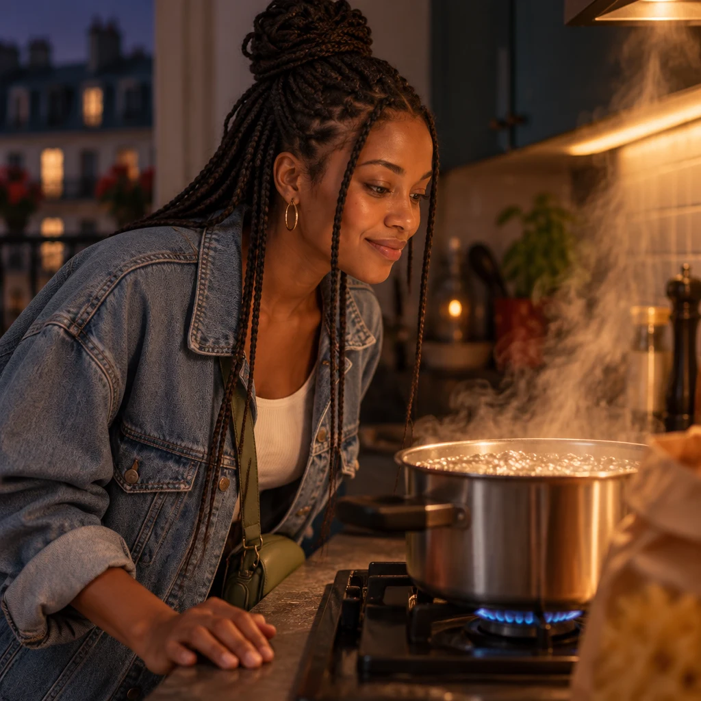 Inès watches a pot of water come to a boil on the hob.