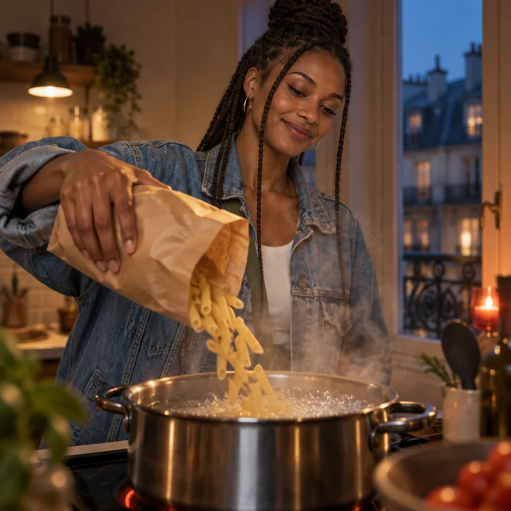 Inès tips dry pasta from the paper bag into the boiling pot.