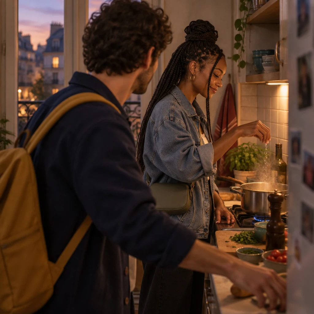 Over Sam’s shoulder, Inès pinches a little salt into the pot while he still searches the counter.
