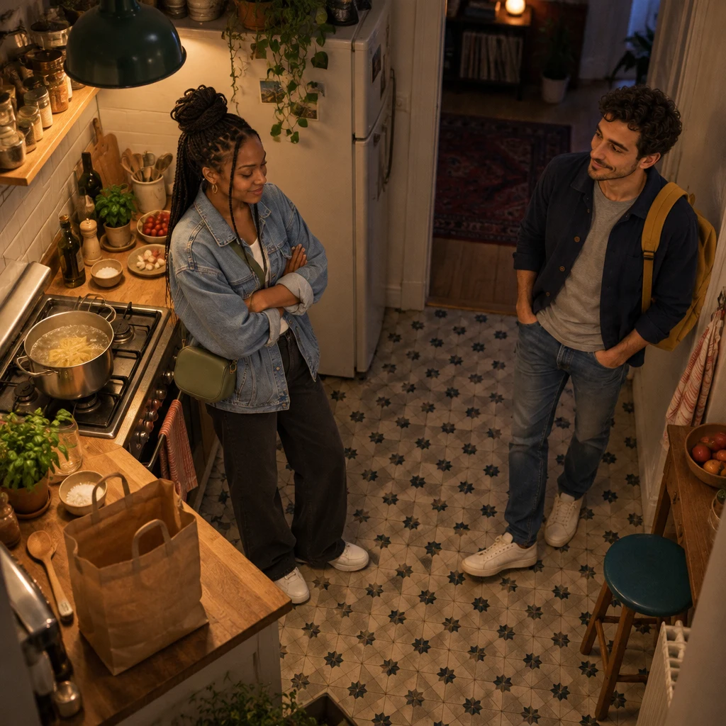 From above, Inès has stepped back from the stove to wait while the pasta cooks, and Sam stands idle nearby.