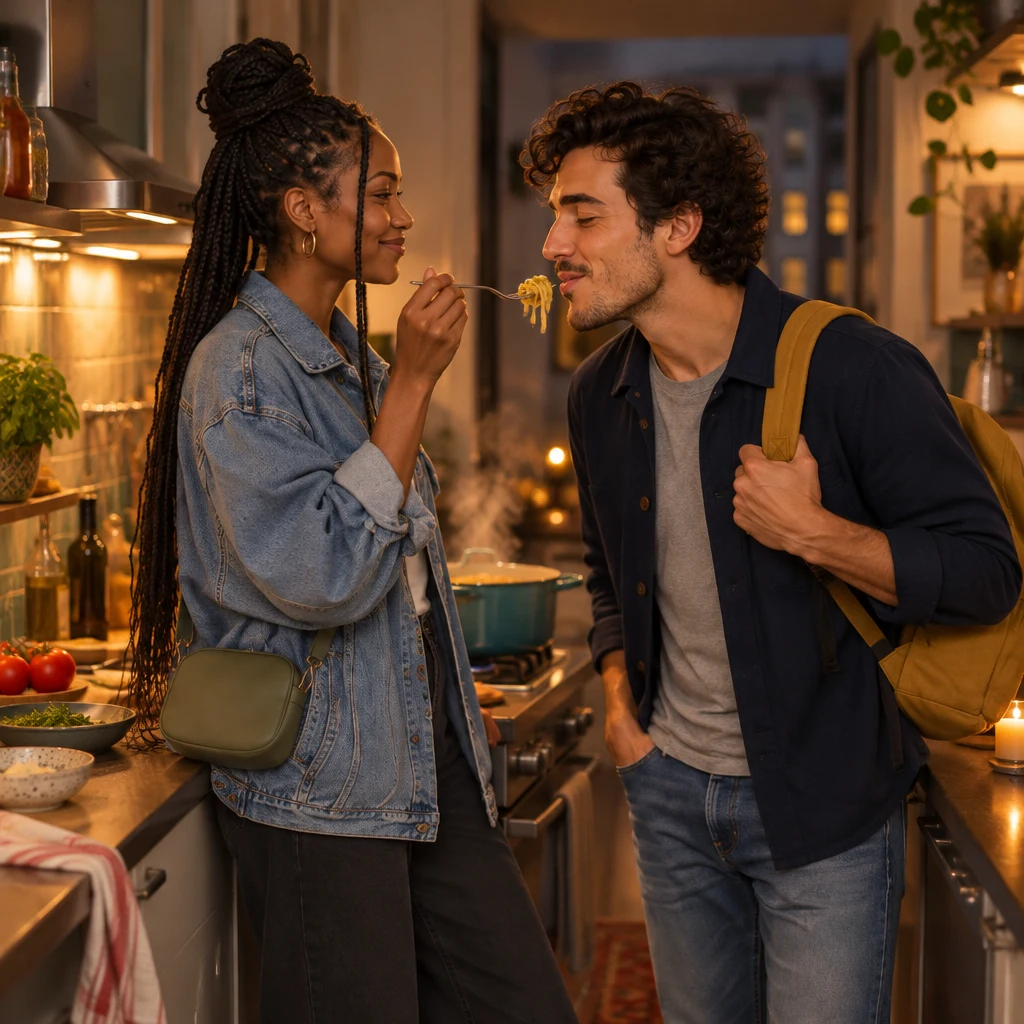 Inès holds a fork of pasta out toward Sam for him to taste.