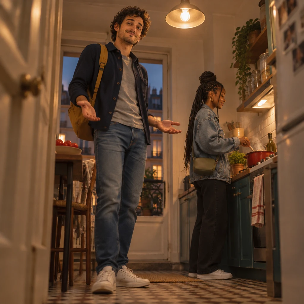 Sam still has his backpack on and stands idle in the kitchen with open hands toward the stove.