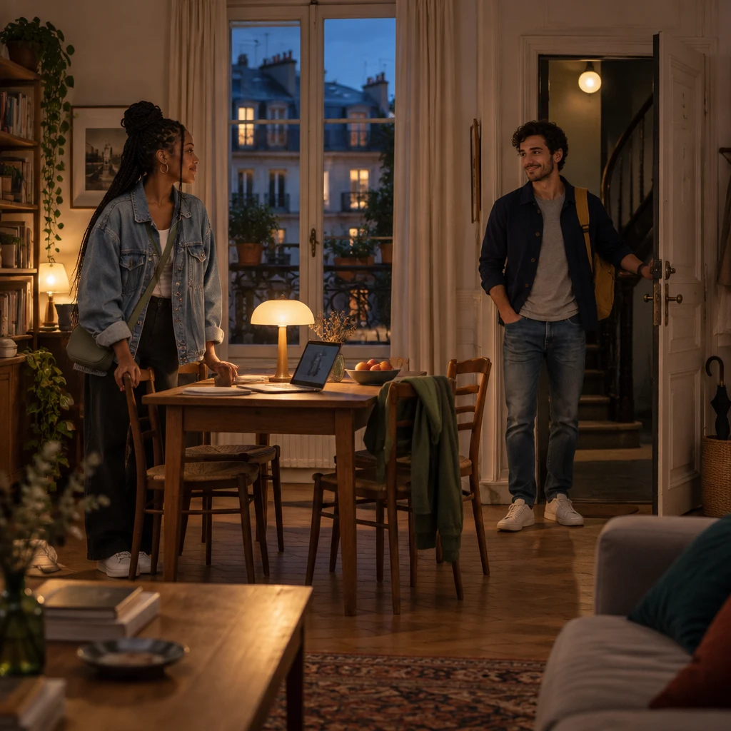 A wide evening view of Inès's apartment with the door on the latch, an open laptop on the table, Inès by the table, and Sam just inside the doorway.
