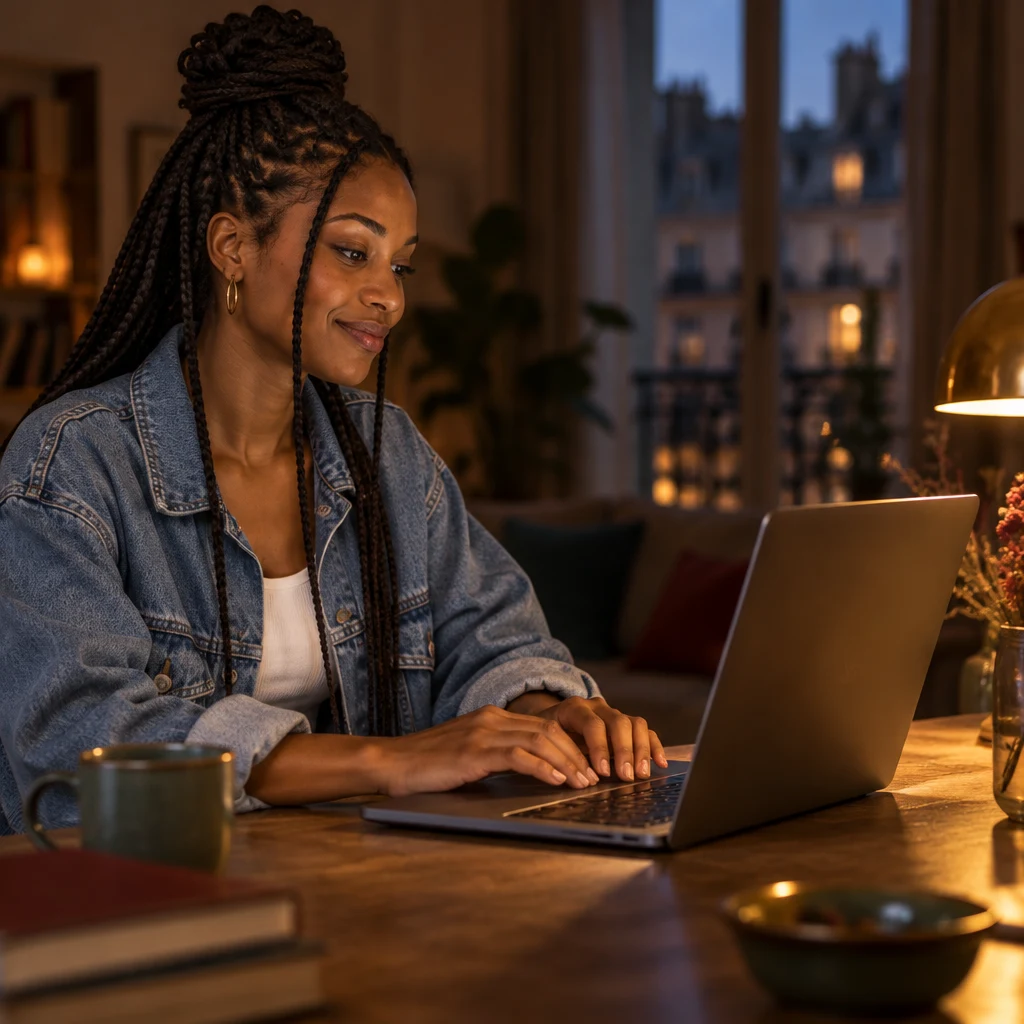 Close on Inès's hands paused at the open laptop on the table in the lamplight.