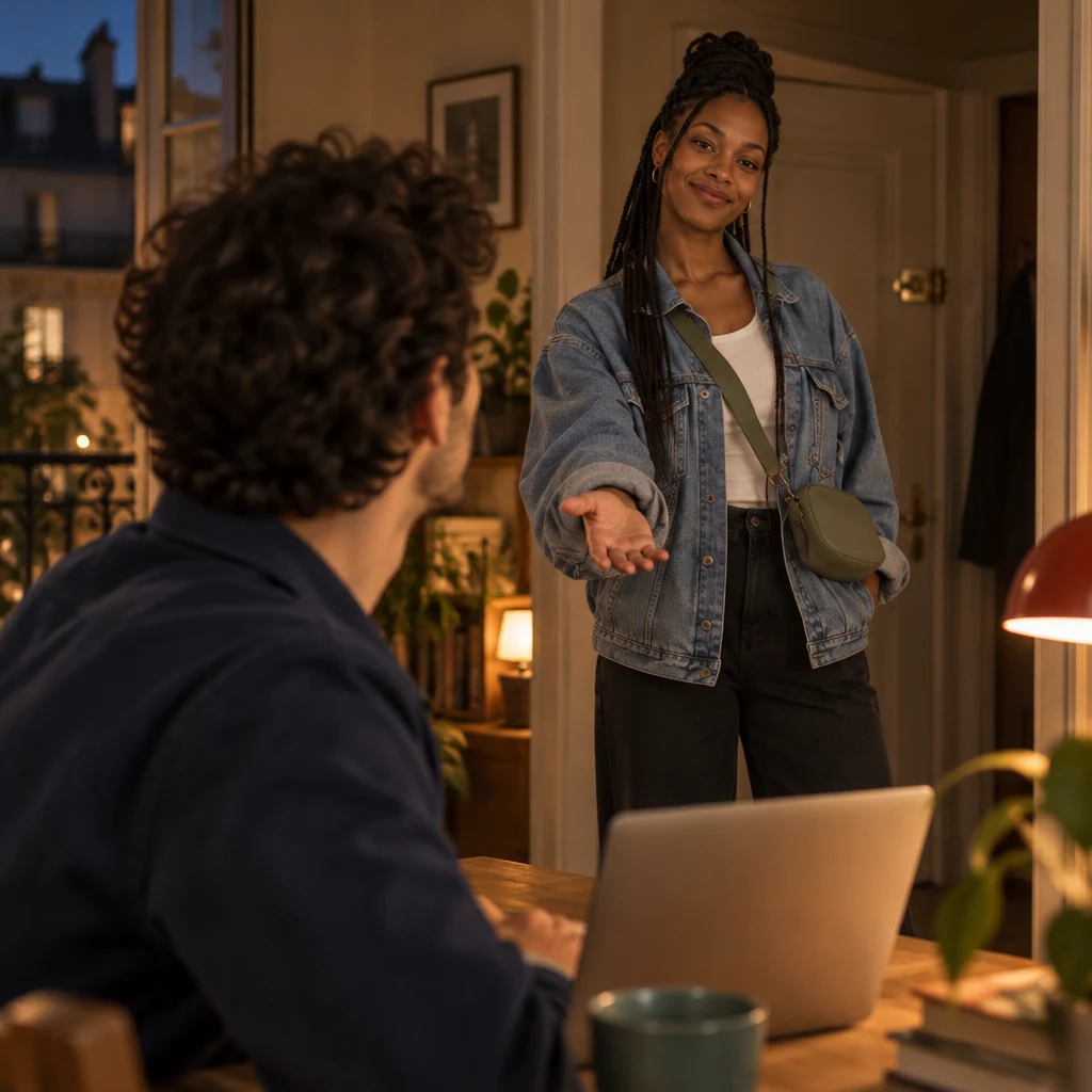 Over Sam's shoulder, Inès stands across the table and holds an open palm in a keep-going gesture.