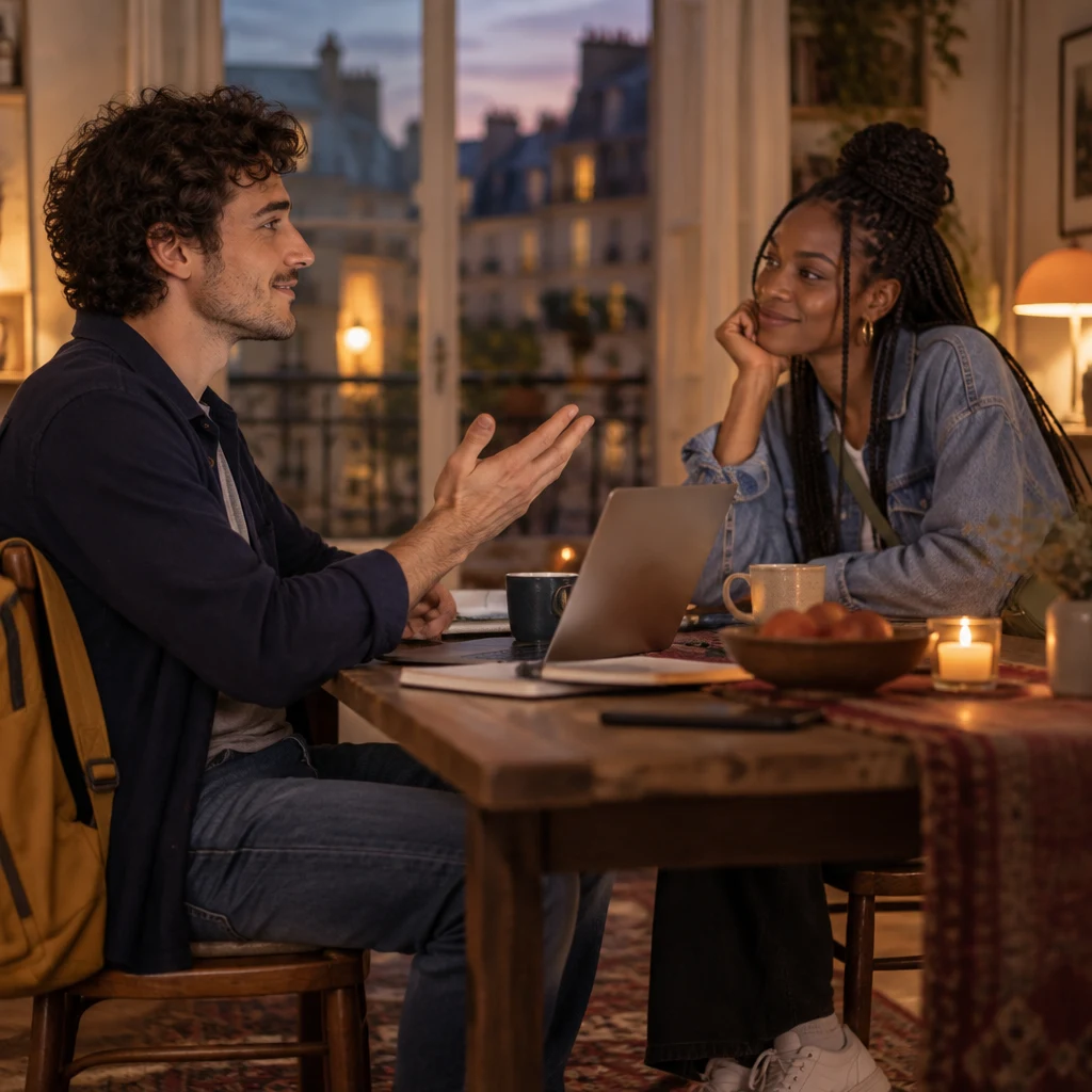 In profile, Sam sits more upright at the table and turns a palm as if changing the plan, while Inès leans in across the table.