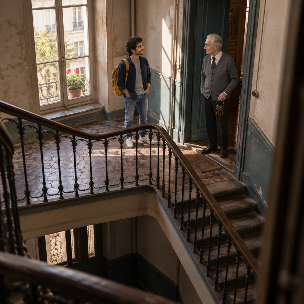 A wide establishing view of the worn walk-up landing where Sam has stopped Monsieur Lefebvre, who has just appeared in an open doorway with keys.