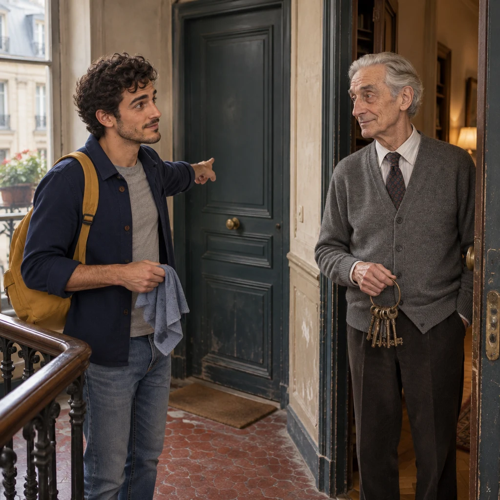 A medium two-shot of Sam pointing toward a closed apartment door with a damp cloth while Monsieur Lefebvre listens from the doorway.