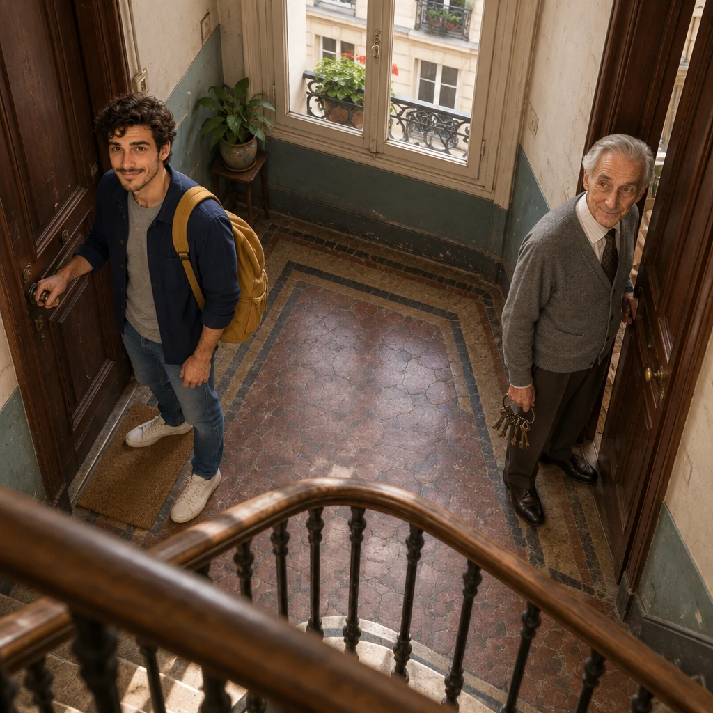 A high-angle view of Sam at a closed apartment door with a hand on the handle, showing this is home, while Monsieur Lefebvre watches from the opposite doorway.
