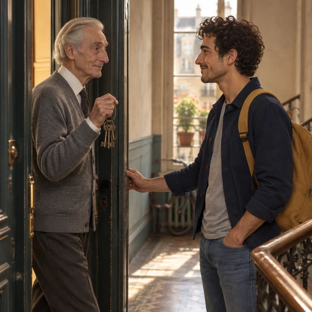 A profile view of Monsieur Lefebvre in the doorway lifting the keys in a short confirming gesture as Sam faces Monsieur Lefebvre from the landing.