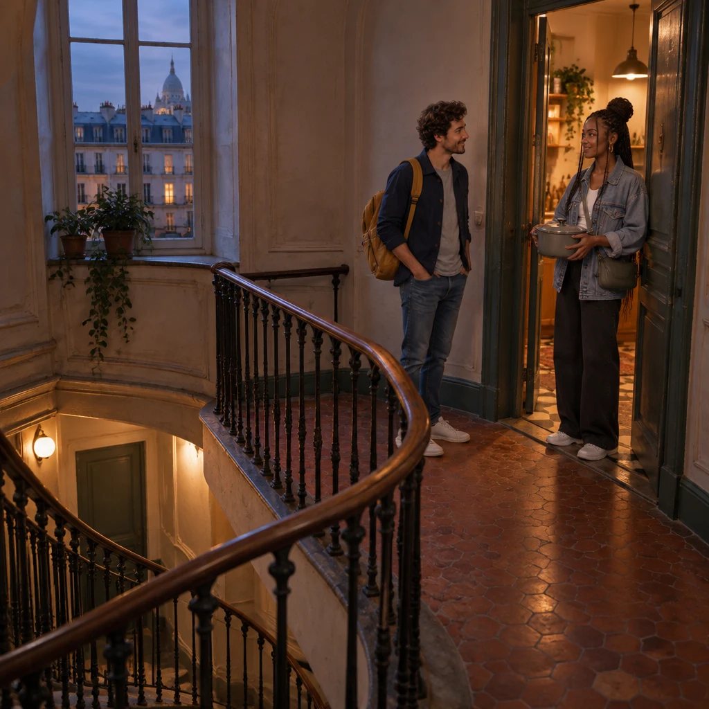 On a narrow Paris landing, Sam faces an open door while Inès stands in the doorway already holding a large cooking pot.