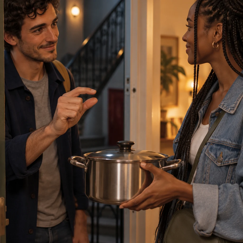 Sam pinches thumb and finger beside the cooking pot Inès is holding, to show it is needed only a short while.