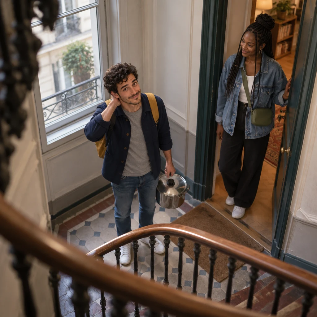 In the morning on the same landing, Sam holds the pot to one side and touches the back of the neck in apology while Inès watches from the door.