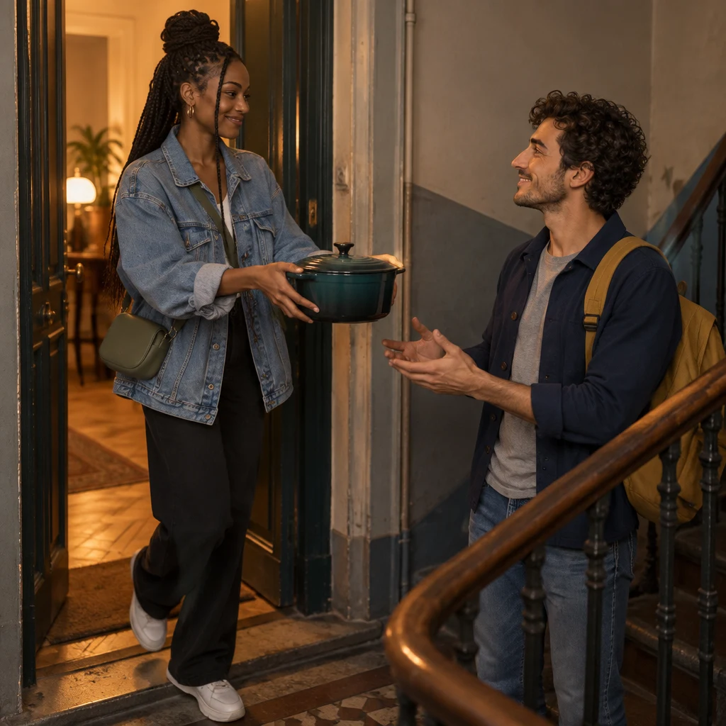 Inès steps onto the landing and holds the cooking pot out toward Sam, showing it is not being used.