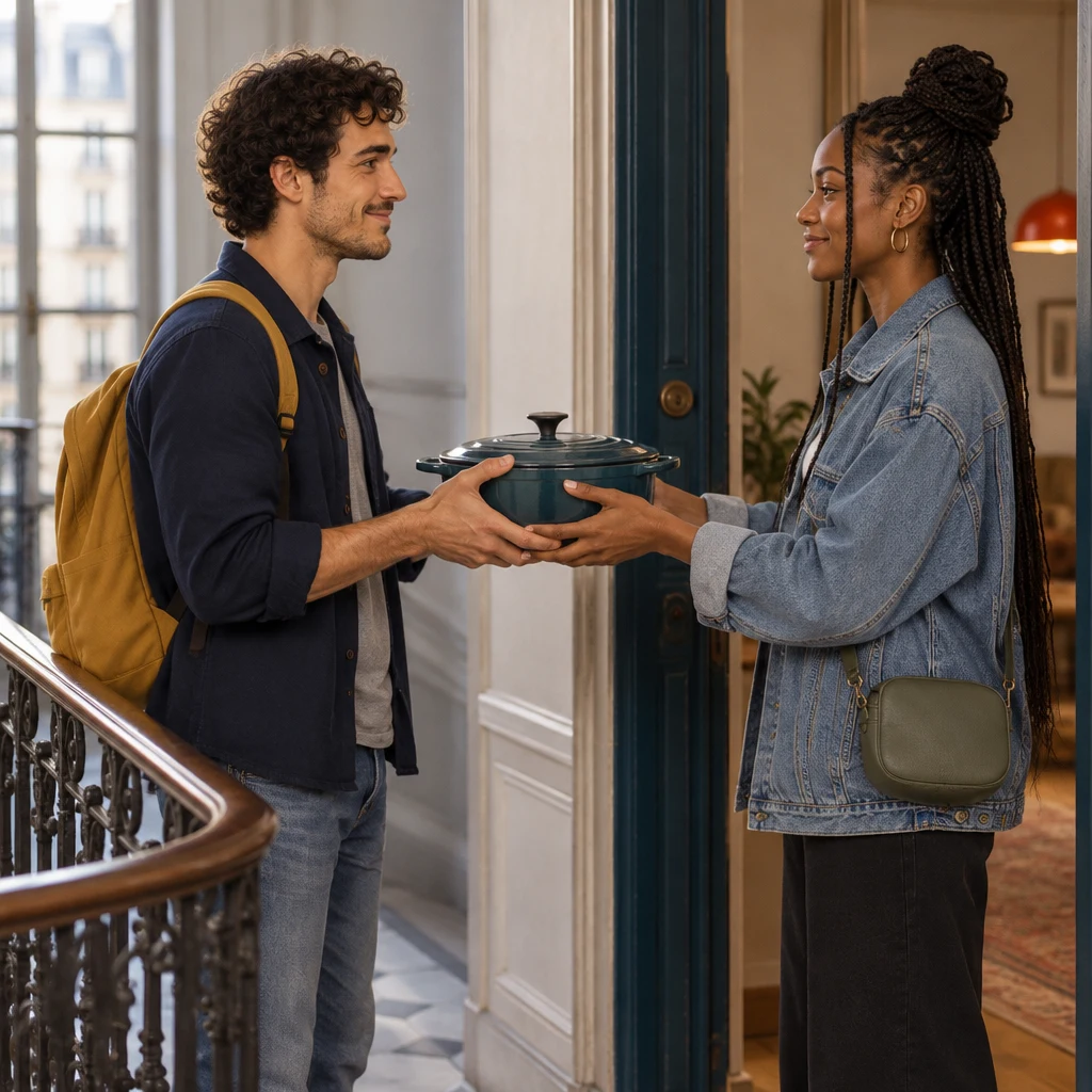 Sam holds the cooking pot forward with both hands as Inès takes it from him.