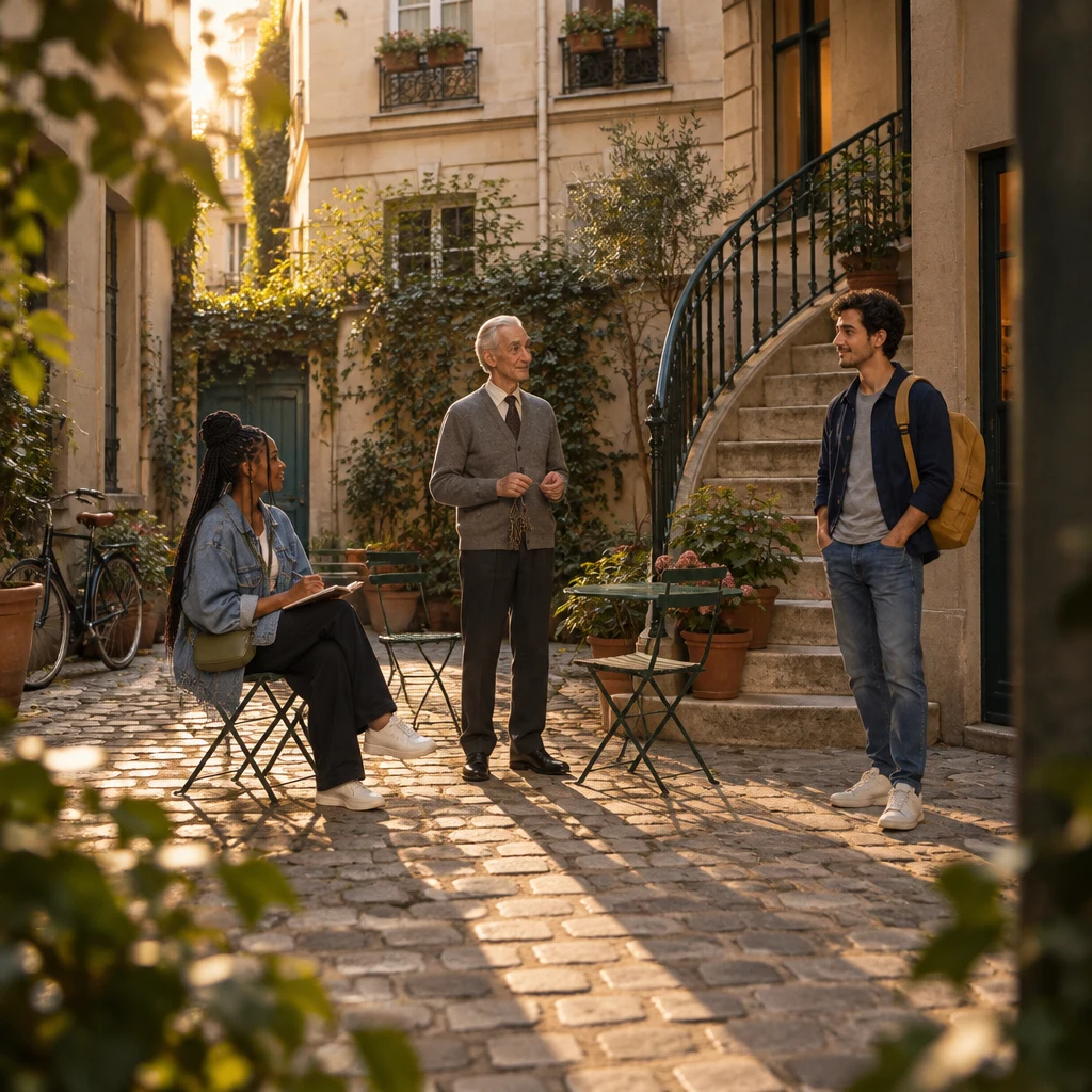Wide courtyard of a Paris walk-up in late afternoon, with Monsieur Lefebvre holding keys, Inès with a notebook, Sam at the stairwell, folding chairs on cobbles and a bicycle against the wall.