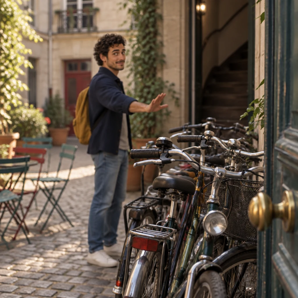 Bicycles stacked by the courtyard door, with Sam soft in the background making a cautioning gesture at the blocked way.
