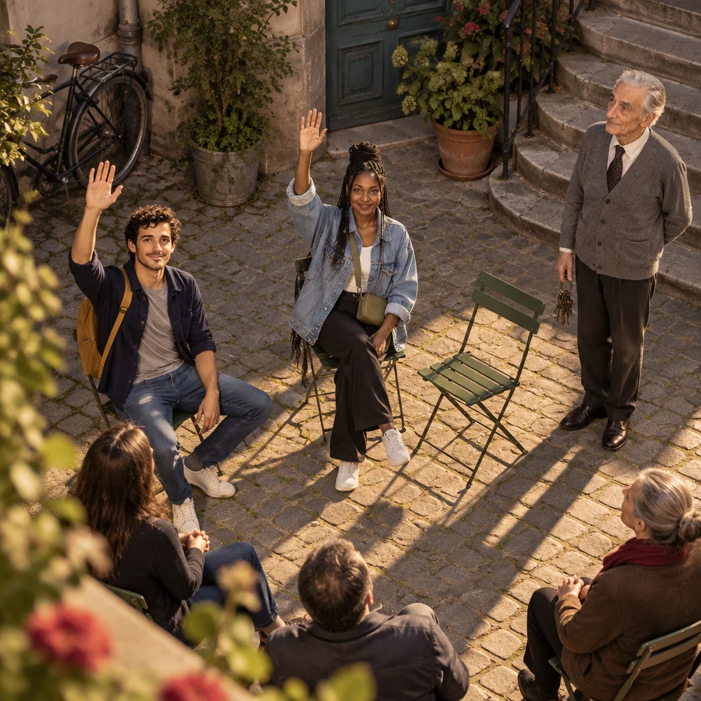 High angle of Sam and Inès raising hands among the folding chairs while Monsieur Lefebvre watches with keys.