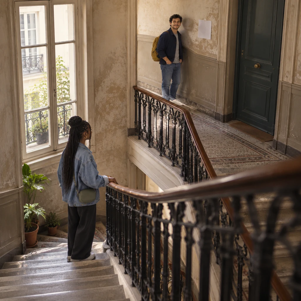 Wide view of Sam on the landing beside a blank taped sheet while Inès stands a few steps below and a closed apartment door stays shut.