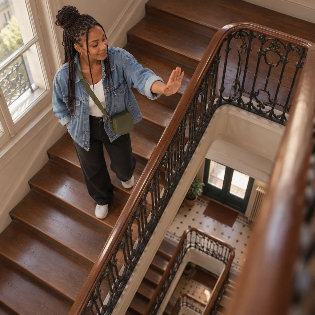 High-angle view of Inès on the stairs, open palm toward the stairwell as she looks down toward the hall.