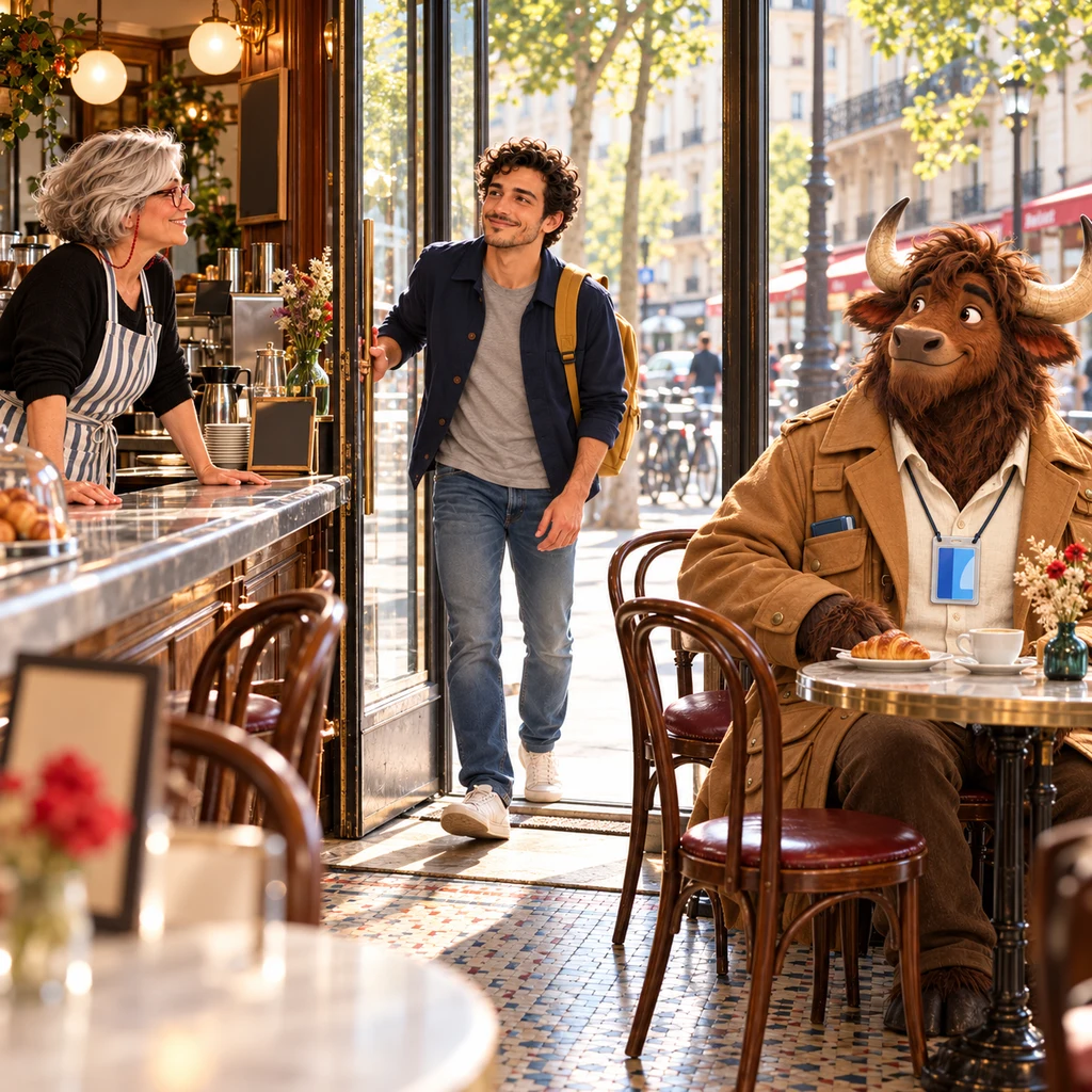 A wide clear-morning café interior with Sam pushing the street door, Odile watching from the zinc, and Gaspard on two chairs beside a blank brass table sign, croissant and cup untouched.