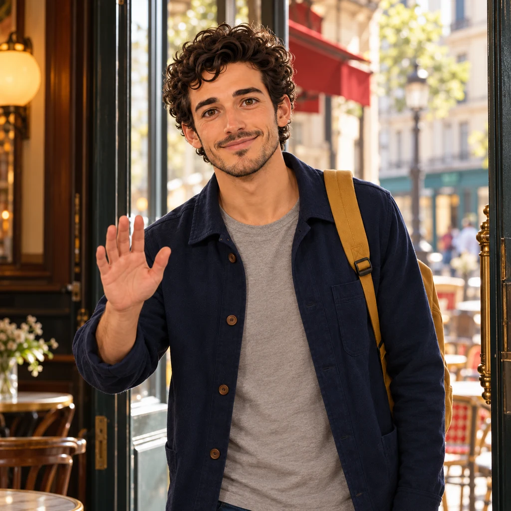 A medium doorway shot of Sam just inside the café, head forward, right hand lifted in a small open-palm greeting.
