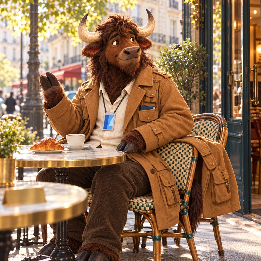 A medium-wide side view of Gaspard by the window on two chairs, turned toward the door with a casual low wave, breakfast untouched.