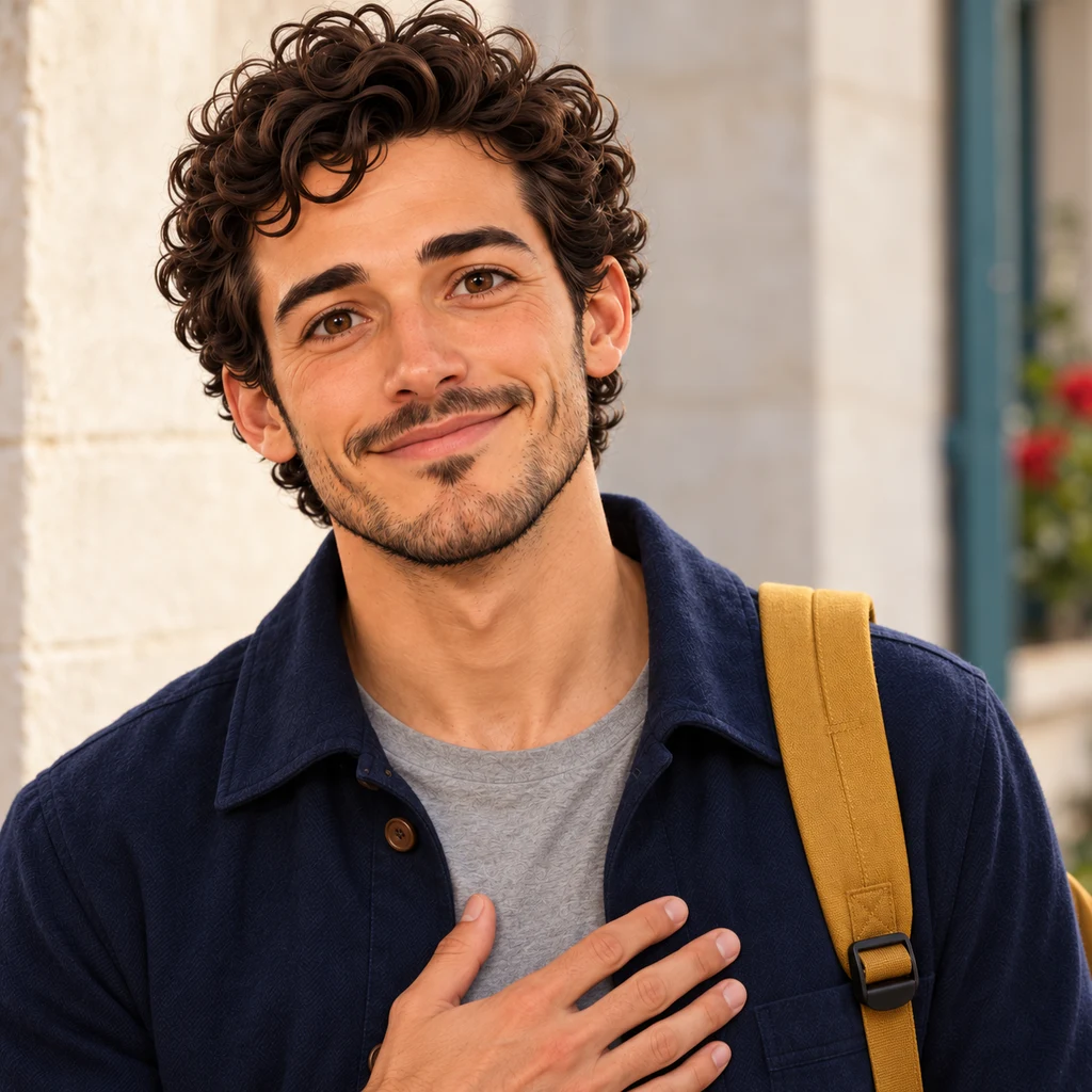 A tight close-up of Sam’s face as he offers a small closed-mouth smile, a tiny nod, and a hand at his chest.
