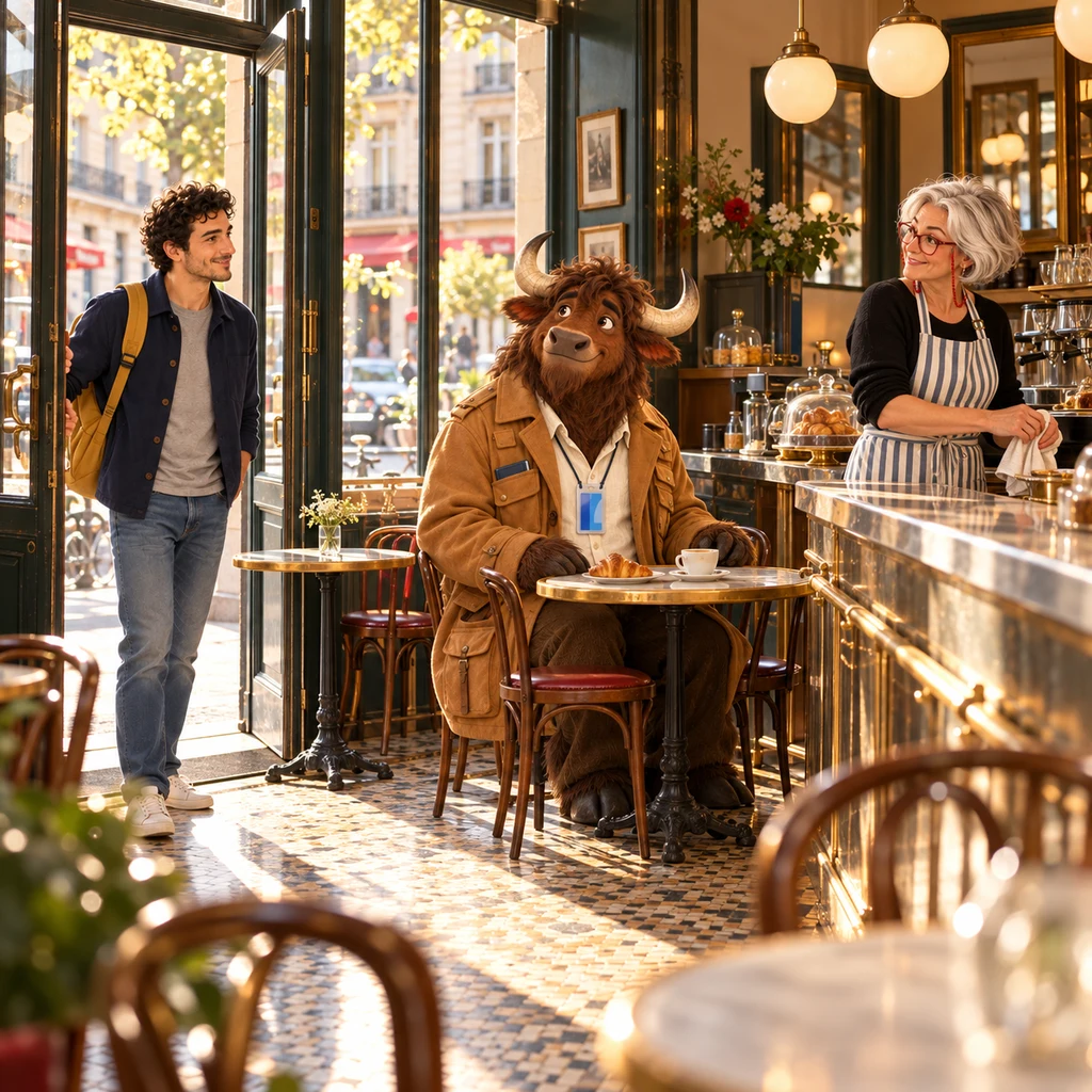 Sam holds the open café door while Odile watches from the zinc and Gaspard the yak sits on two chairs beside the empty window table.