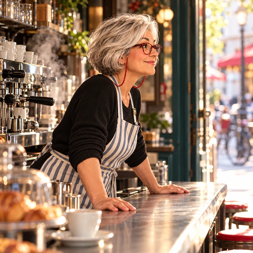 Odile leans toward the door from behind the zinc with both palms open on the bar.