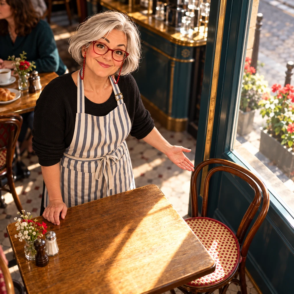 Odile stands by the empty window table and lowers an open hand toward the vacant chair.