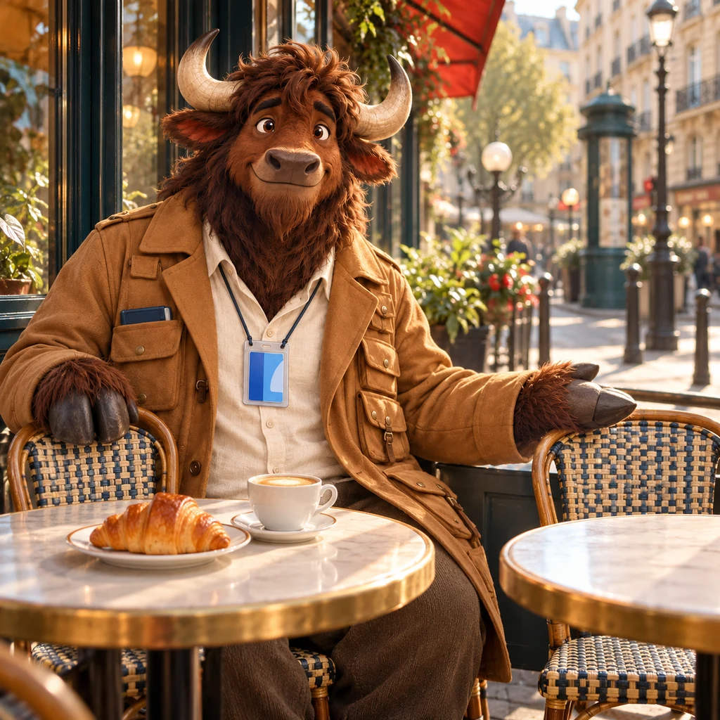 A hoof of Gaspard the yak rests on an extra chair while the other hoof opens toward the empty table, croissant and café crème still untouched.