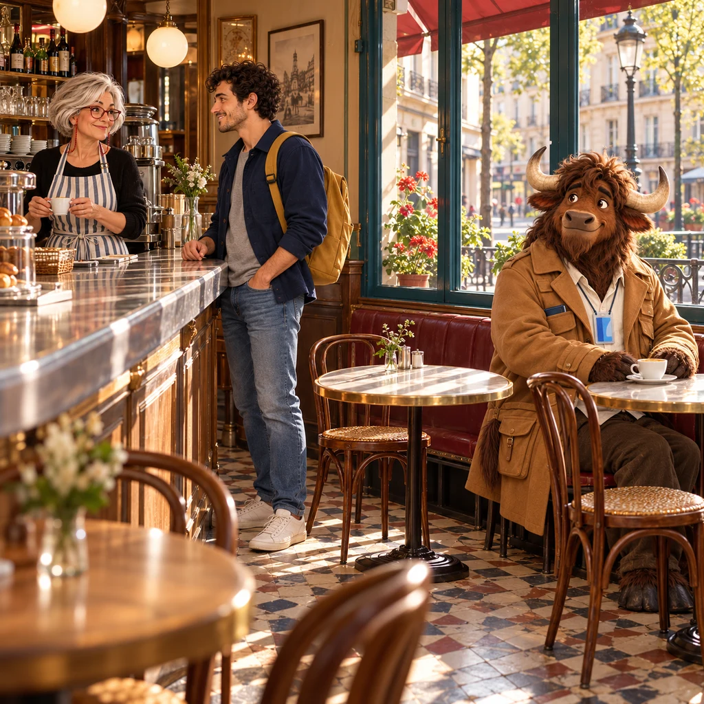 A wide morning view of the café with Sam waiting at the zinc, Odile holding a cup back, and Gaspard at the next table with an untouched café crème.