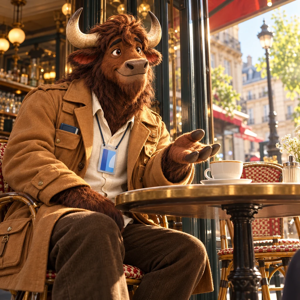 Gaspard turns from two chairs toward someone off-frame with an informal palm-up please, café crème still full.