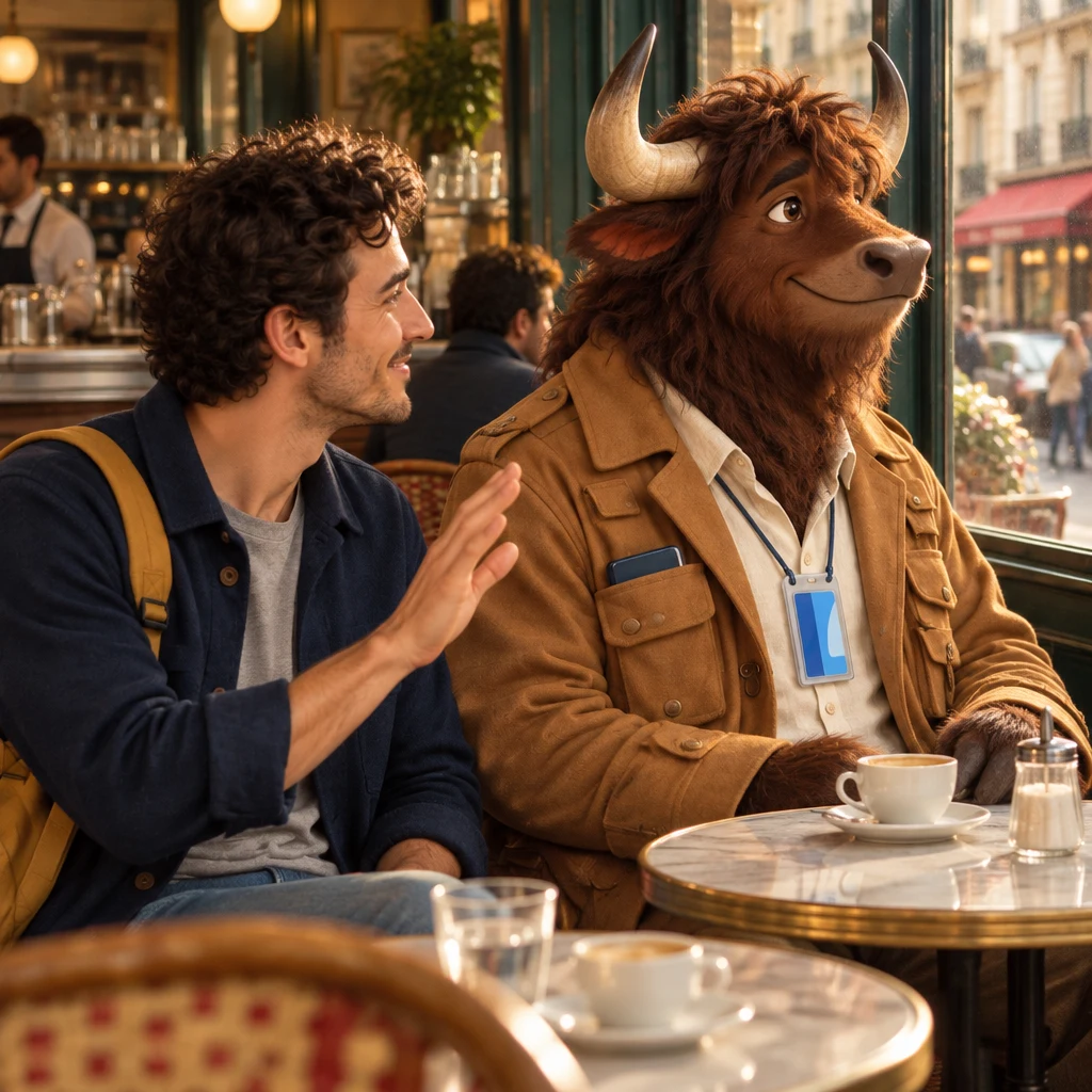Gaspard by the window waves the thanks away, café crème still untouched.