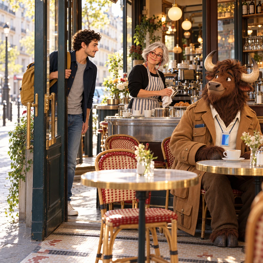A wide morning view from the pavement into the café, with Sam snagged in the doorway, Odile at the zinc, and Gaspard at the side table.
