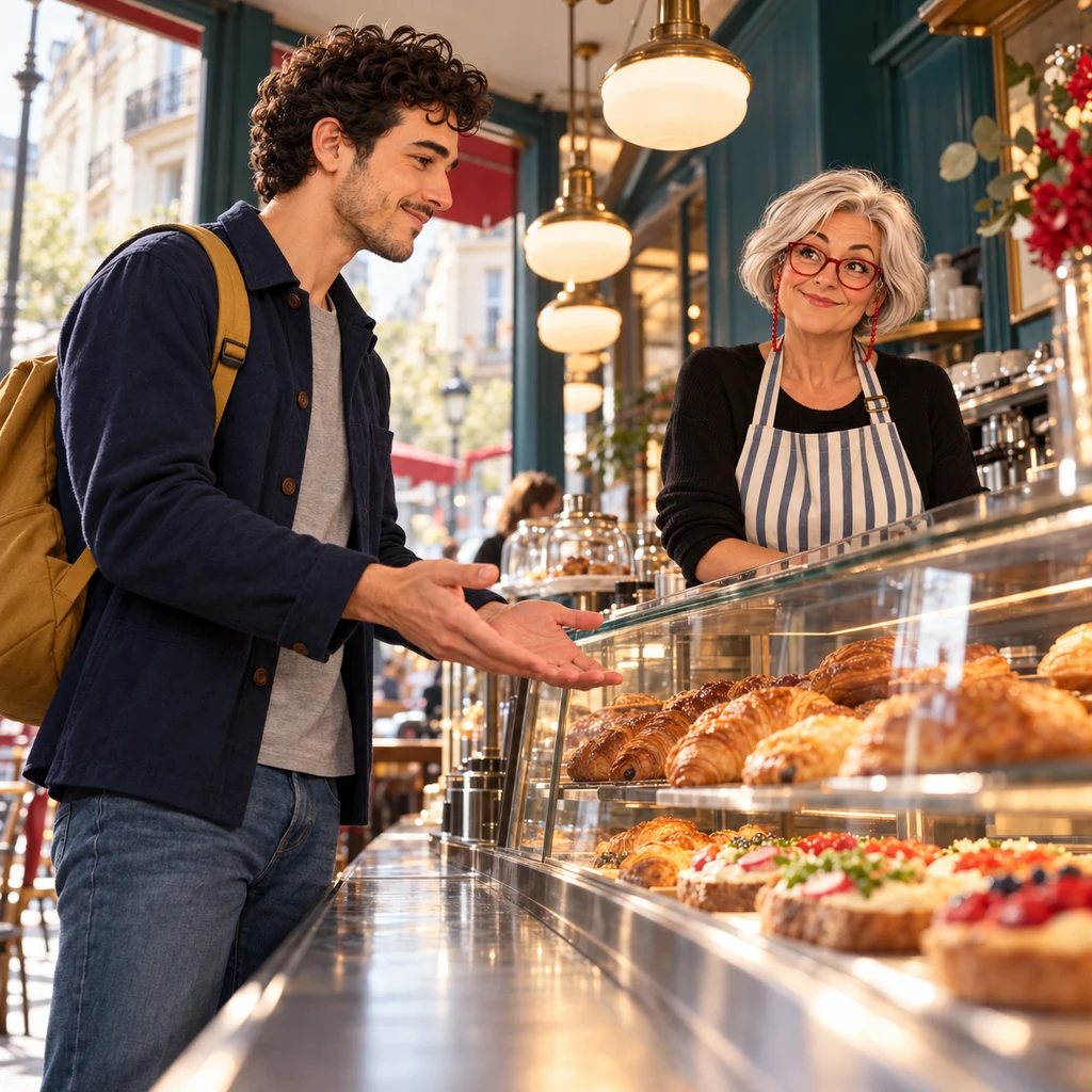 From a low angle, Sam stands at the zinc with open hands toward the pastry case in a wanting pose, still not looking toward the wall.