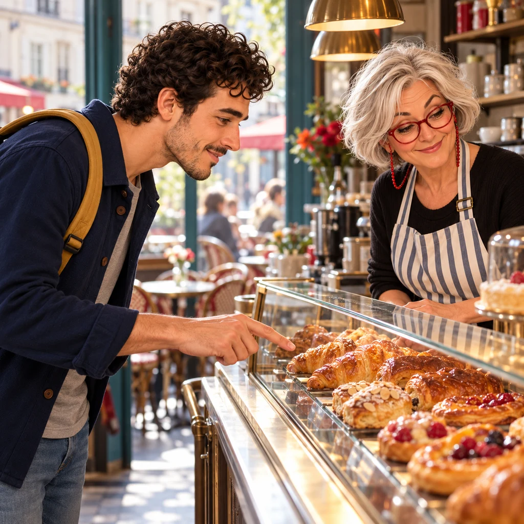 Profile of Sam bent toward the pastry-case glass, pointing at one croissant with a polite hopeful gesture.