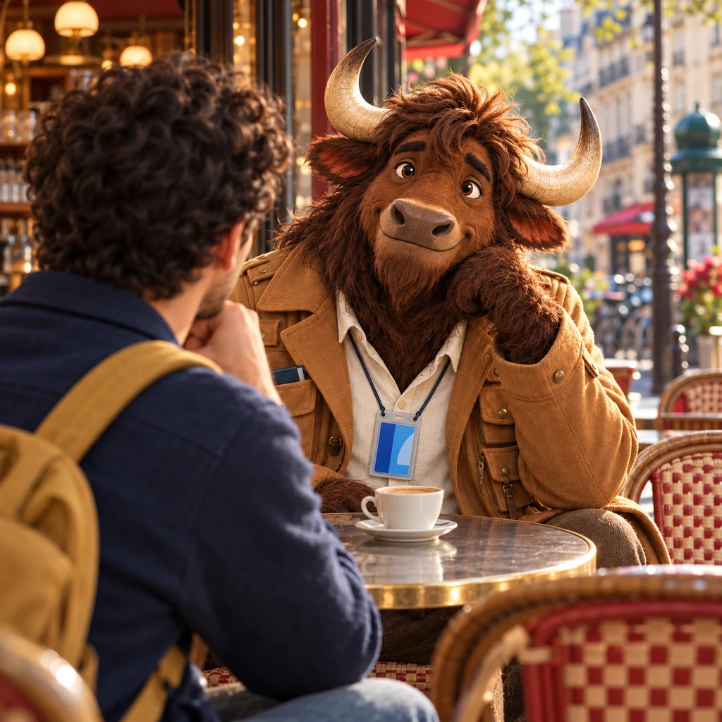 Over Sam's shoulder, Gaspard twists across a pair of chairs toward him with a questioning lean, café crème untouched.