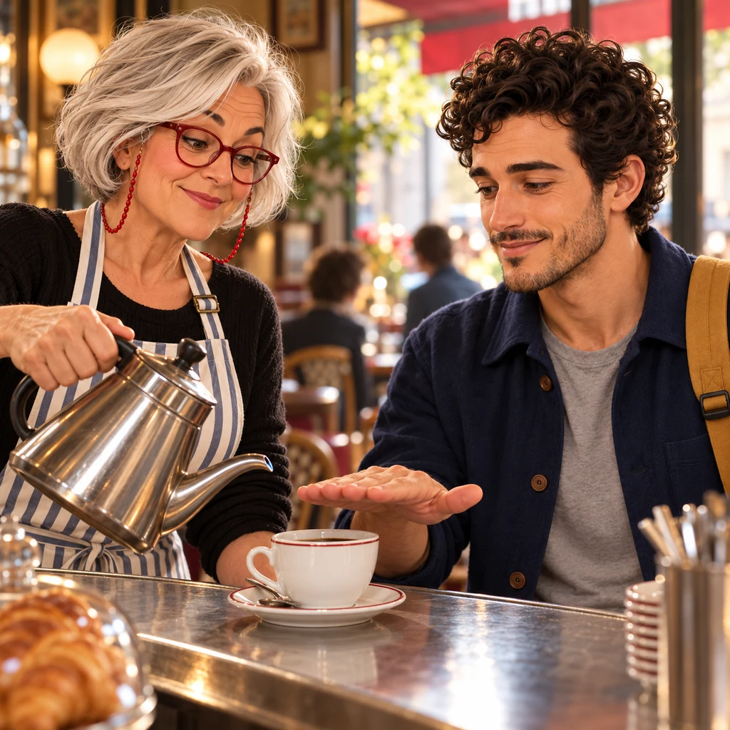 Sam holds a flat hand over a coffee cup so Odile stops pouring.