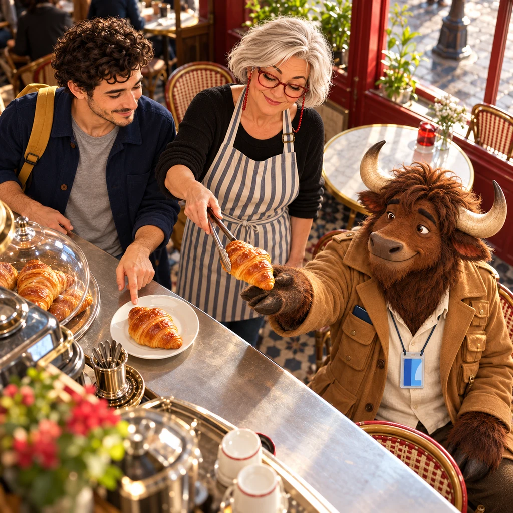 From above, Sam points at the croissant already on his plate while Gaspard reaches for the extra pastry Odile is holding.