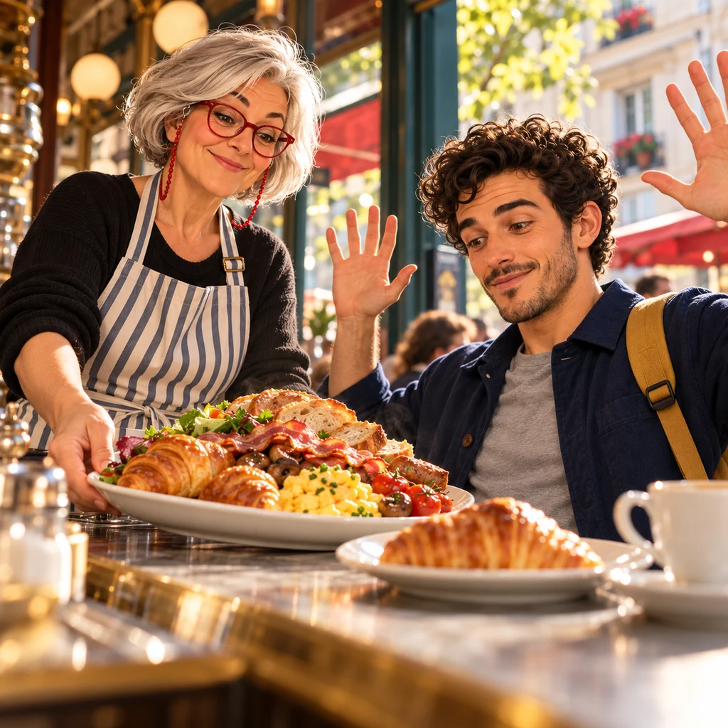 From below, Sam leans back with both hands lifted as Odile sets down a heavily loaded extra plate beside his croissant.