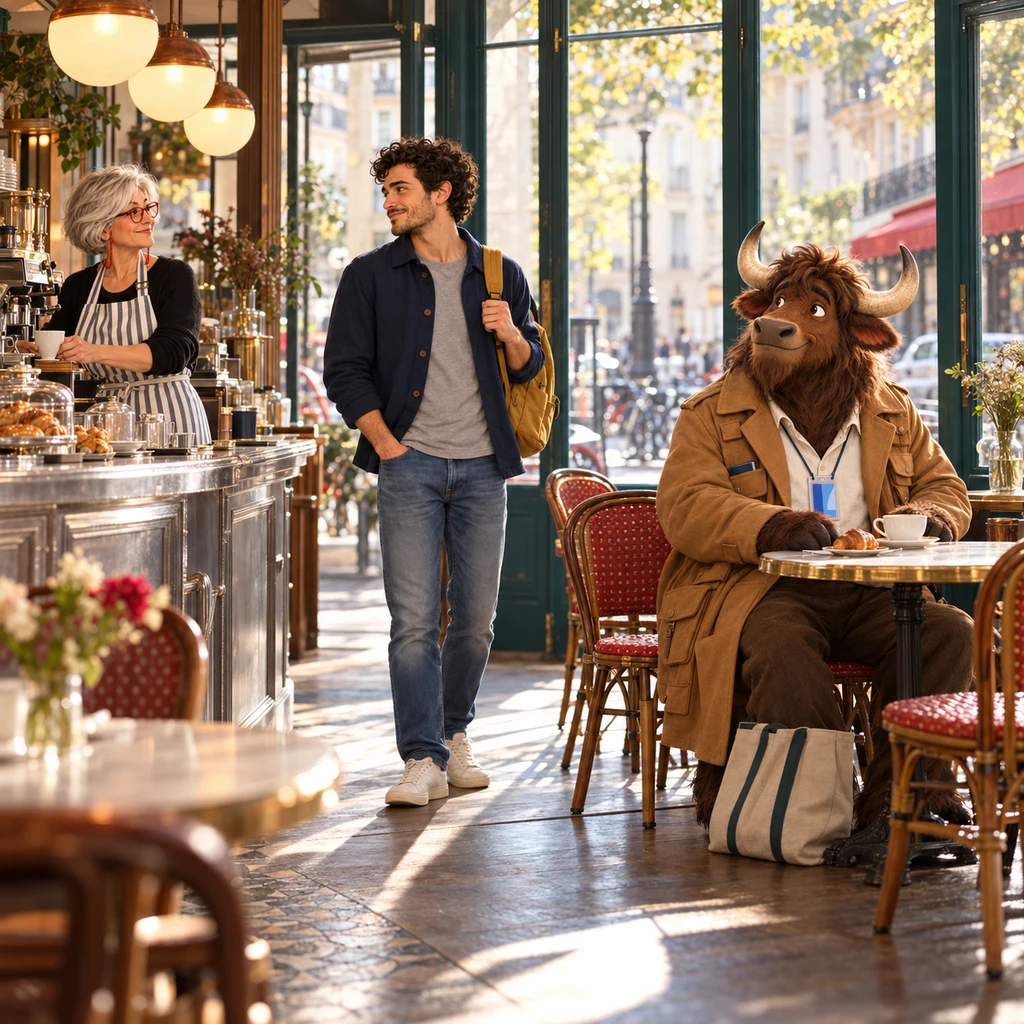 A wide morning café interior with Sam wearing a mustard backpack, Odile at the zinc, Gaspard on two chairs with an unfinished croissant and café crème, and a canvas tote by the extra chair.