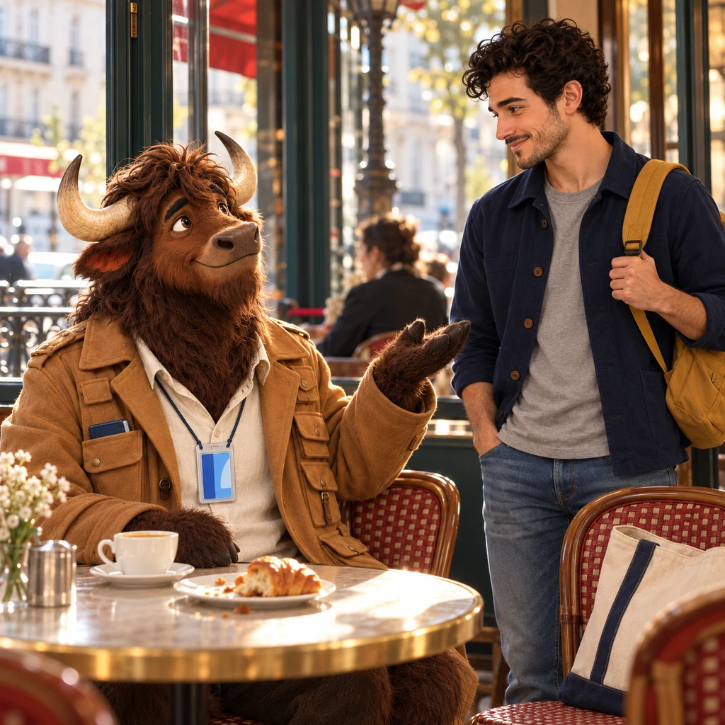 Gaspard turns from the two chairs and lifts an open palm toward the mustard backpack on Sam's shoulder.