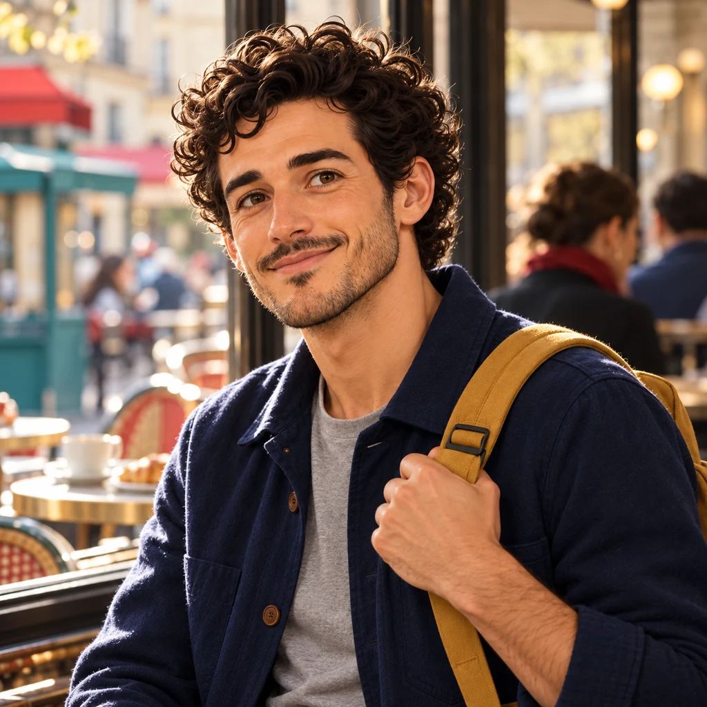 Sam holds the mustard backpack strap and gives a small nod of ownership.