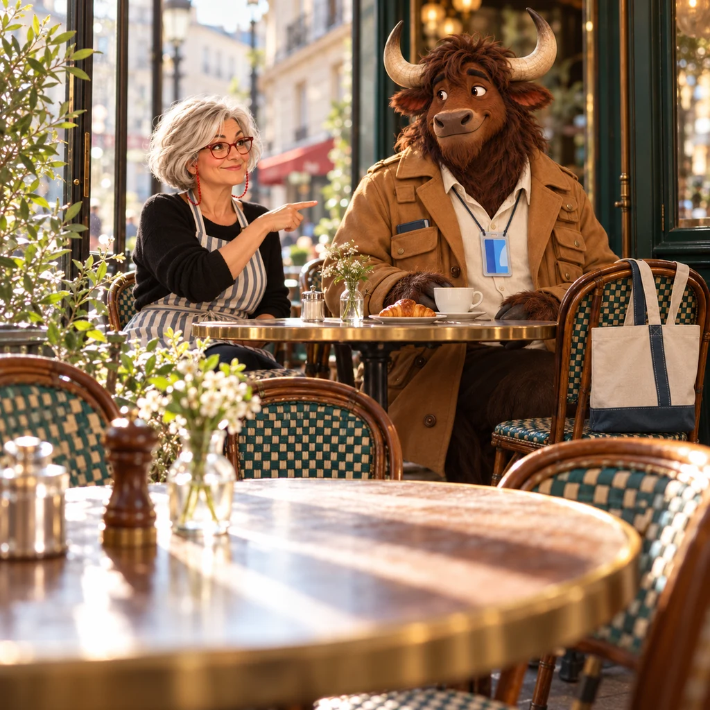 The empty window table sits unused while Odile, soft in the background, points toward Gaspard, who stays on two chairs with a full café crème.