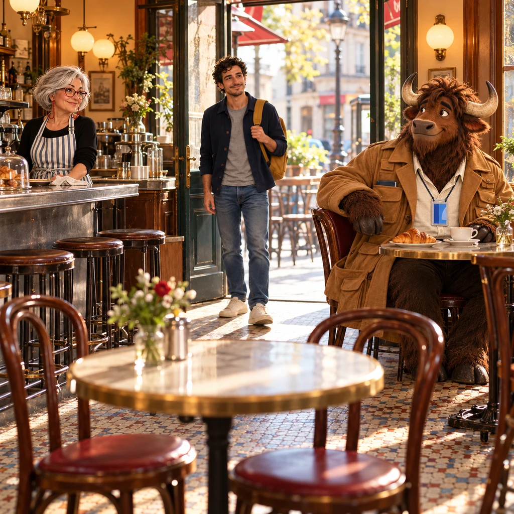 A wide morning view of Café des Tilleuls with Sam paused in the doorway, Odile at the zinc, the window table empty, and Gaspard on two chairs at the next table.