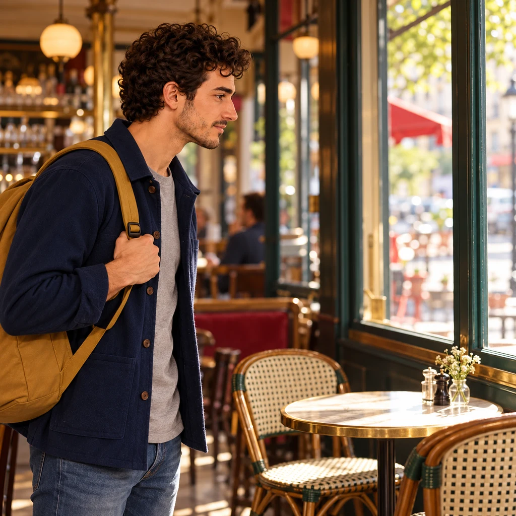Sam stands just inside the café in profile, turned toward the empty window table, searching the vacant chairs.
